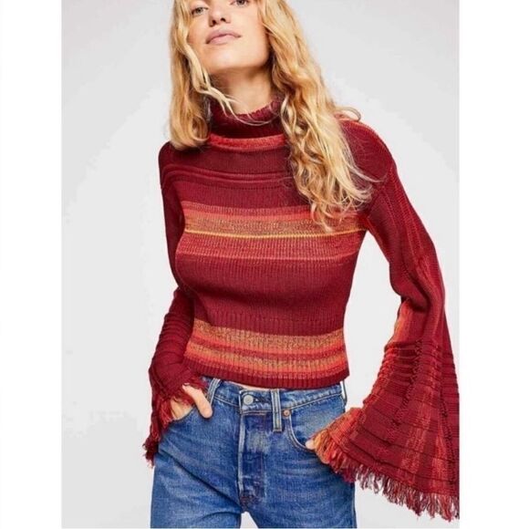 Free People Sweaters - Free people close to me red turtleneck bell sleeve fringe sweater